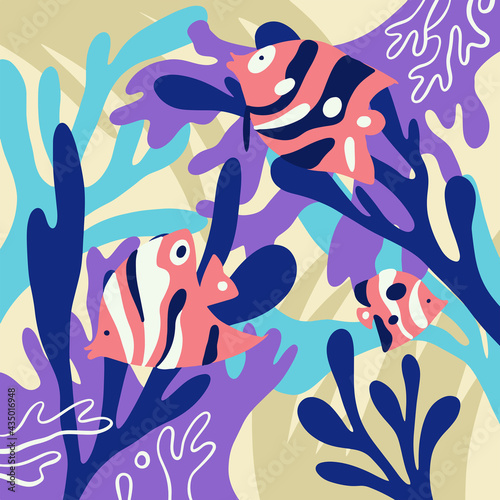 New designs of underwater coral and fish motifs for graphic backgrounds, mural prints, invitation cards, wallpaper, fabric prints, and industrial uses. Modern and minimalist latest vector coral.