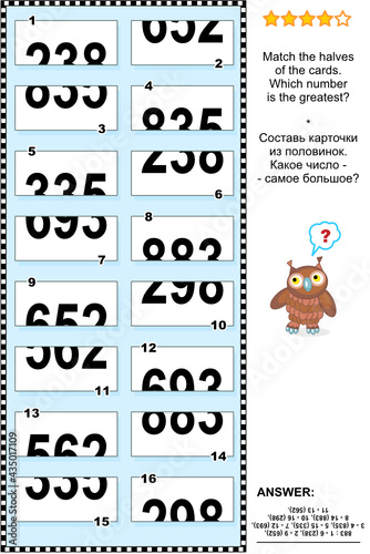 Visual puzzle: Match the halves of the cards. Which number is the greatest? Answer included.

