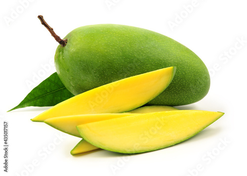 fresh green mangoes on white background.