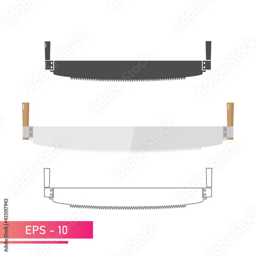 A set, a woodcutter hand saw. For working in the forest. Linear, solid and realistic design. On a white background. Tools for the woodcutter. Flat vector illustration.