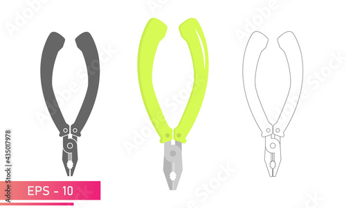 A set of pliers for any locksmith work in the workshop. Linear, solid and realistic design. On a white background. Tools for workers. Flat vector illustration.