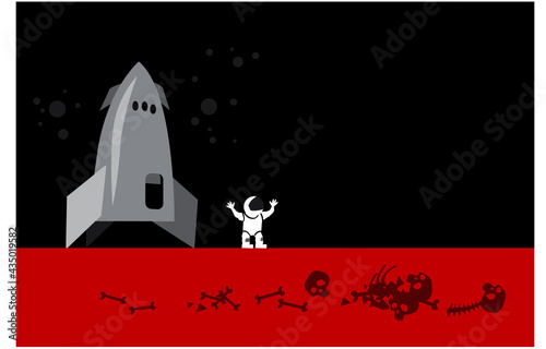 A deep space explorer has just arrived on an unknown distant planet. Space discoverer. Travel to faraway. Vector image for prints, poster and illustrations.