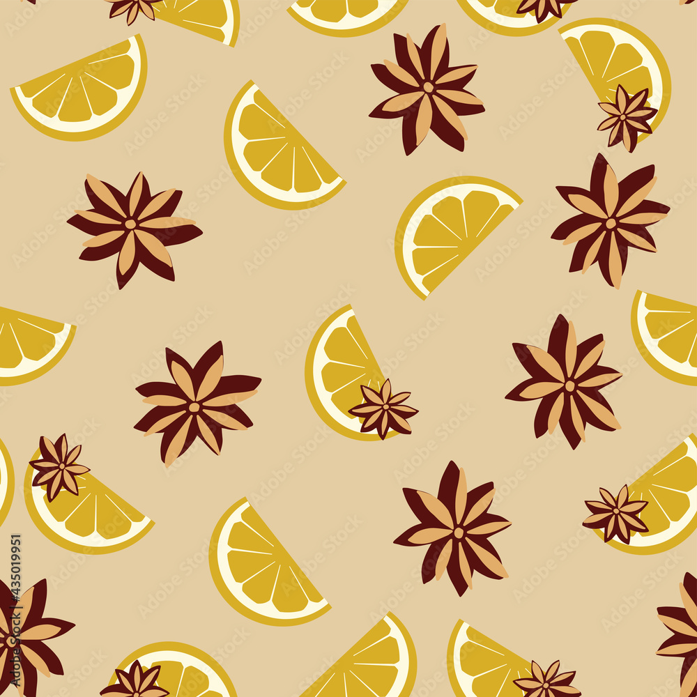Seamless pattern on a light background, a slice of lemon and a carnation. 