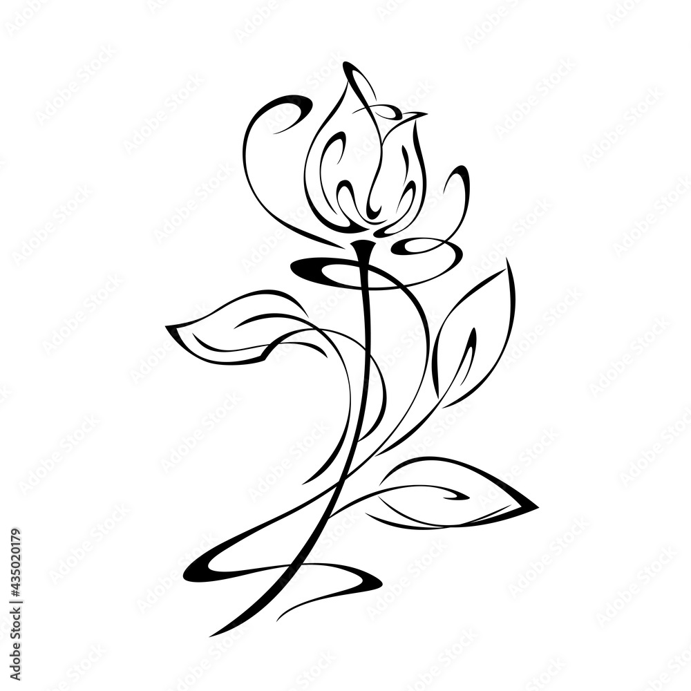 ornament 1776. one stylized rosebud on a stem with leaves and curls black lines on a white background