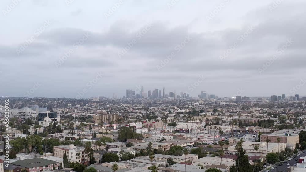 Aerial, panorama view of a cloudy day in Los Angeles downtown, drone view Aerial, panorama view of a cloudy day in Los Angeles downtown, drone view
