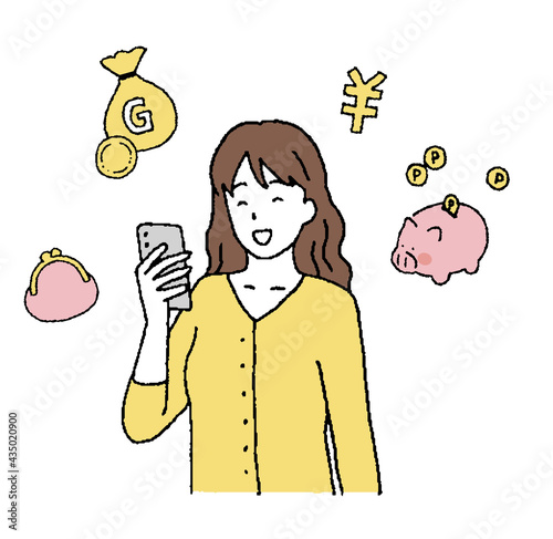 シンプルなタッチ　スマホでお金が手に入って喜ぶ女性のイラストレーション