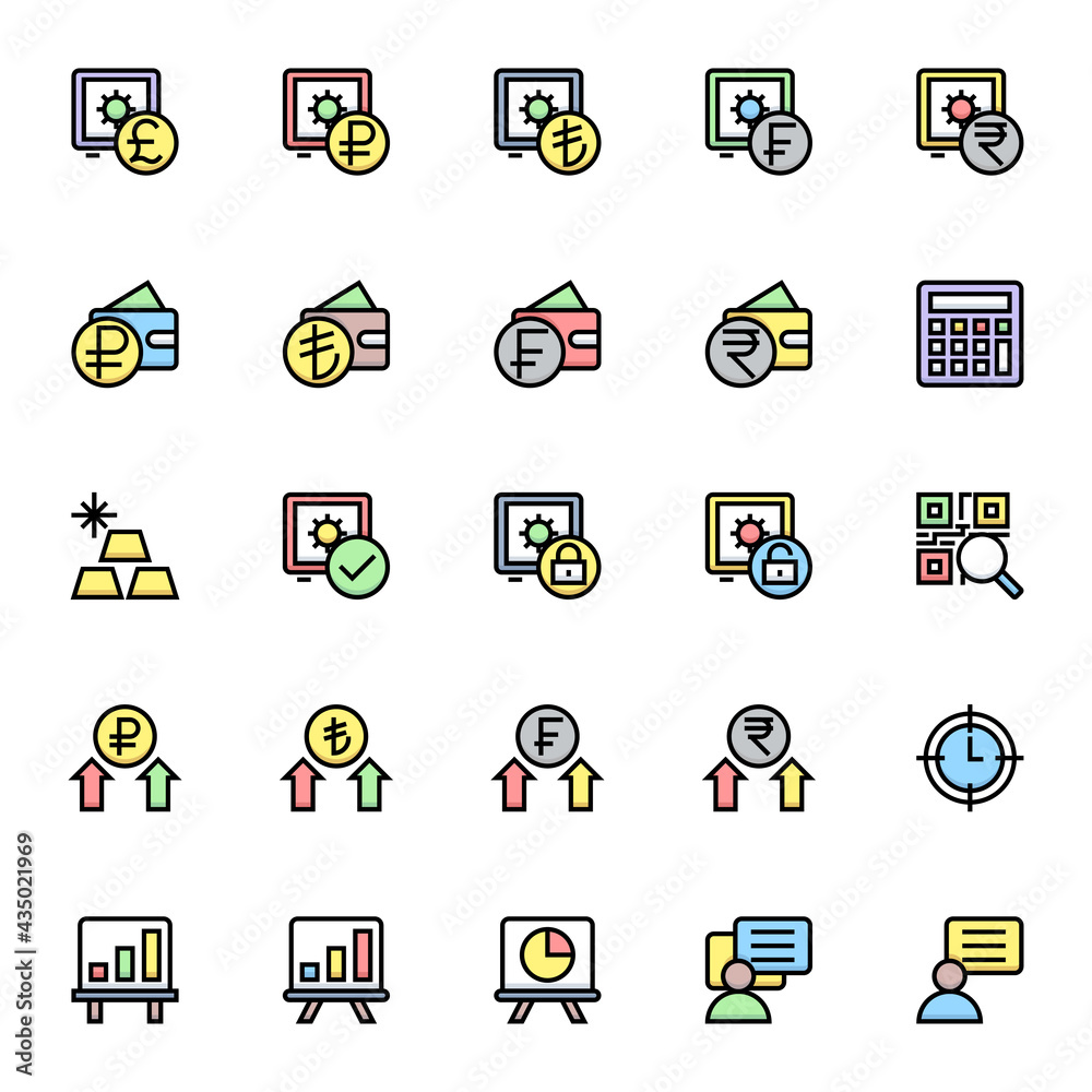 Filled color outline icons for business & financial.