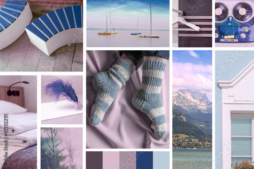 A creative themed mood board with inspiring color gradients in blues, browns and creams. The sea, mountains, music and the silence of nature create a feeling of coziness and tune in to creativity. photo