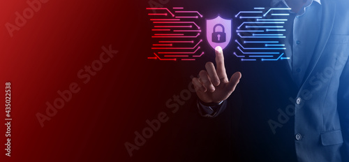 Cyber security network. Padlock icon and internet technology networking. Businessman protecting data personal information on tablet and virtual interface. Data protection privacy concept. GDPR. EU