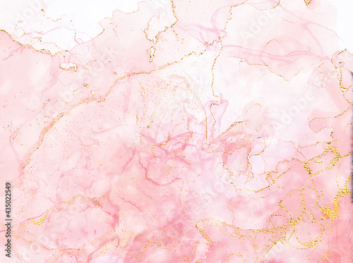Blush pink watercolor fluid painting design card. Rose gold marble frame. Spring wedding invitation. Alcohol ink.