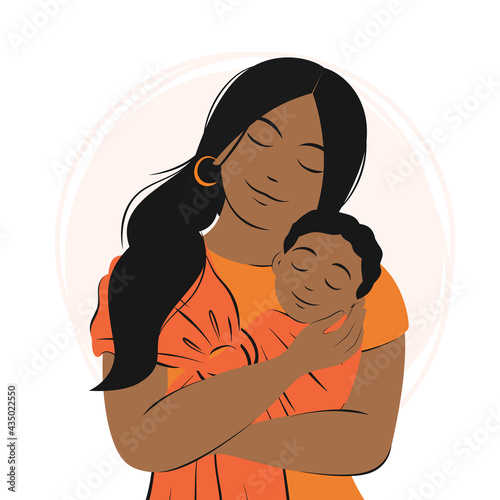 Young african american woman is holding newborn baby. Baby  feeling love from his mother. Family, health, care, maternity concept, Happy Mother's Day.  Flat vector illustration.
