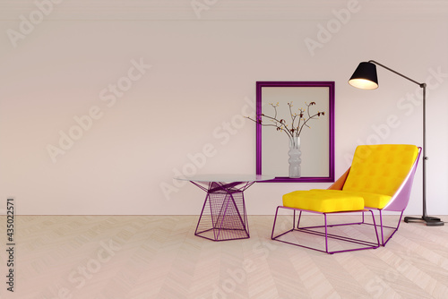 3d rendering 3d illustration  Interior Scene and  Mockup  White wall with yellow and purple modern armchair