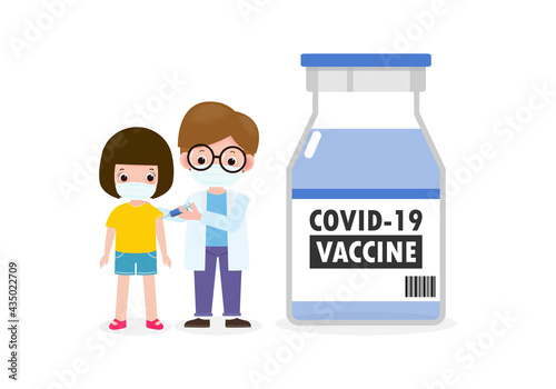 Covid-19 or coronavirus Vaccine,Kids vaccination with pediatrician holding syringe,Doctor hold an injection vaccination children  prevention and immunize,child wearing medical masks to prevent disease