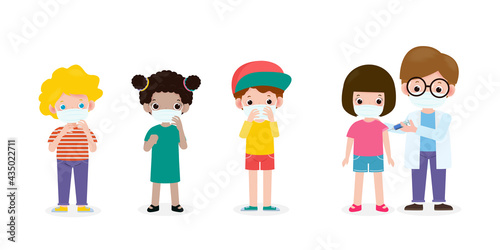 Covid-19 or coronavirus Vaccine,Kids vaccination with pediatrician holding syringe,Doctor hold an injection vaccination children  prevention and immunize,child wearing medical masks to prevent disease