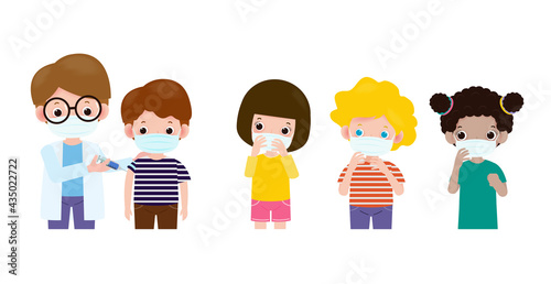 Covid-19 or coronavirus Vaccine,Kids vaccination with pediatrician holding syringe,Doctor hold an injection vaccination children  prevention and immunize,child wearing medical masks to prevent disease