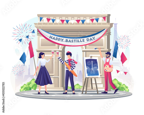 Happy French couple and Painter celebrate Bastille Day on 14th July illustration