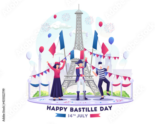 Happy People Celebrate Bastille Day on 14th July. National Day of France  illustration