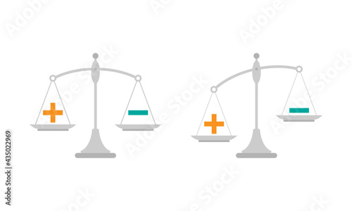 Black mechanical scales with plus and minus in pans. value, solution and rationality balance.