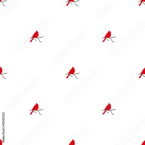 seamless pattern with red bird cardinals on white