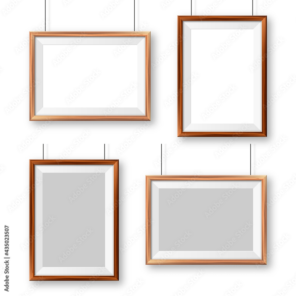 Realistic wooden picture frames with shadow isolated on white background. Hanging on a wall blank poster mockup. Empty photo frame. Vector illustration.