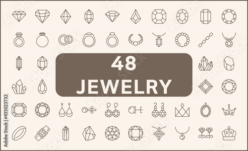 Set of 48 gem and jewelry line style. Contains such icons as gemstone, diamond, crystal, pear, ring, crown, Earring, Brooch and other elements. customize color, easy resize.