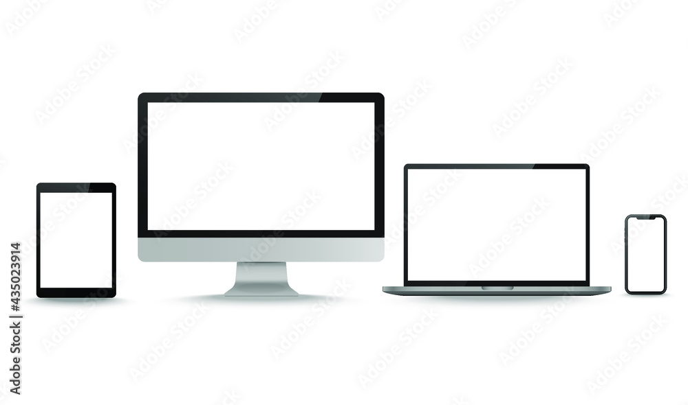 Display screen. Realistic set of monitor, tablet, laptop, smartphone blank isolated technology devices. Object with shadow vector illustrator. Display screen. Realistic set of monitor, tablet, laptop, smartphone blank isolated technology devices. Object with shadow vector illustrator.