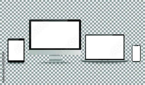 Display screen. Realistic set of monitor, tablet, laptop, smartphone blank isolated technology devices. Object with shadow vector illustrator.
