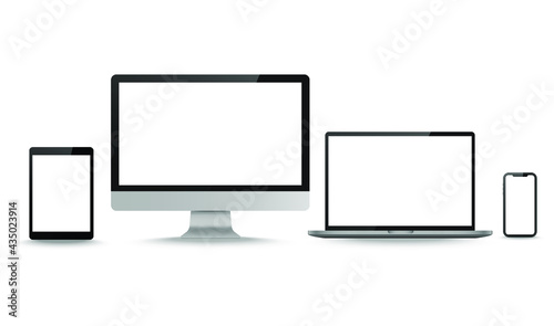 Display screen. Realistic set of monitor, tablet, laptop, smartphone blank isolated technology devices. Object with shadow vector illustrator.