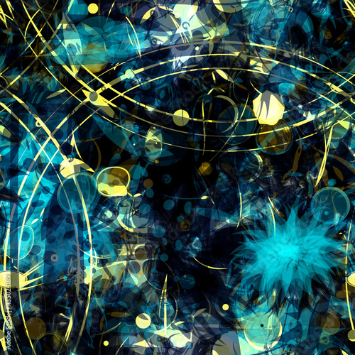 Blue and yellow seamless pattern with shiny elements. Abstract vector background for web page, banners backdrop, fabric, home decor, wrapping, astrology design