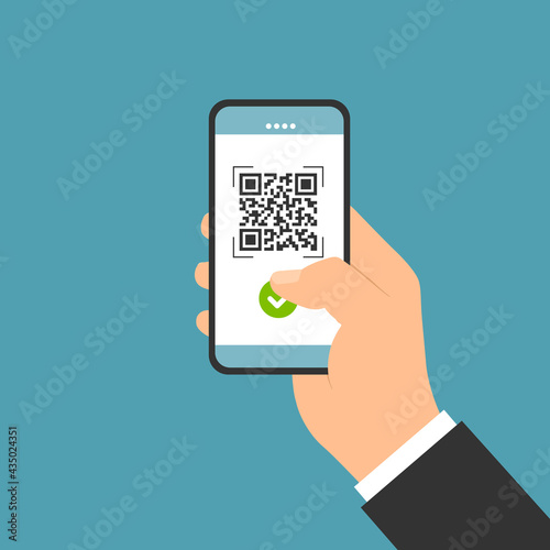 Flat design illustration of male hand holding touch screen mobile phone. QR code scan for payment, business vector
