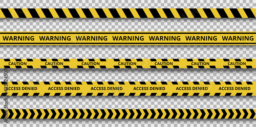 Strips of quarantine. Warning caution sign. Black and yellow danger zone line. Brushes included.