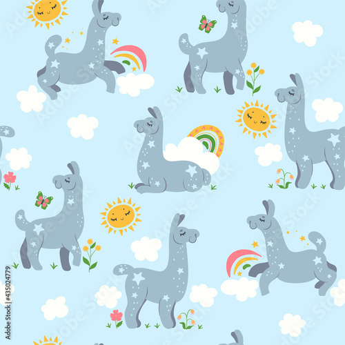 Seamless pattern with cute lamas. Vector graphics.