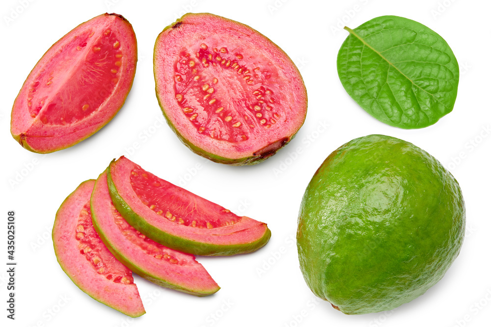guava with slice isolated on white background. clipping path. top view guava with slice isolated on white background. clipping path. top view