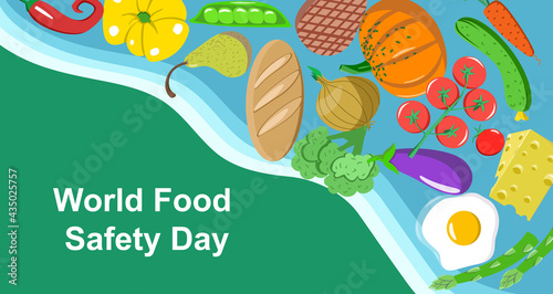 World Food Safety Day in June with vegetables, bread and fruit. Vector illustration