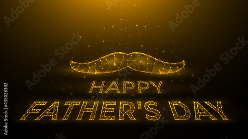 Happy Father's Day polygonal vector illustration on dark yellow background, mustache and lettering made from dots and lines. A holiday banner, template, or postcard.