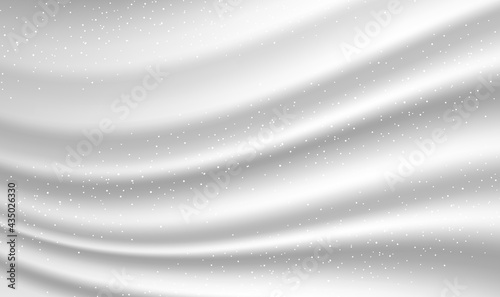 Silver silk fabric background. Abstract background with silk cloth texture, shiny satin fabric with waves and drapery. Vector realistic wallpaper with luxury flowing silvery textile. Vector EPS10