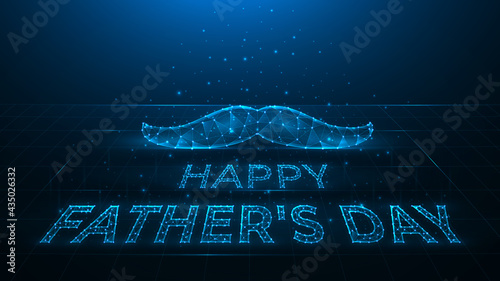 Happy Father's Day polygonal vector illustration on dark blue background, mustache and lettering made from dots and lines. A holiday banner, template, or postcard.