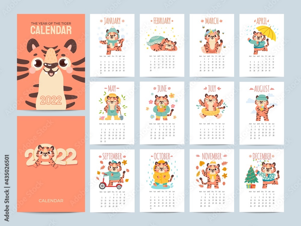 Calendar 2022 with cute tigers. Covers and 12 month pages with animal  characters season activities. Chinese new year symbol vector planner Stock  Vector | Adobe Stock