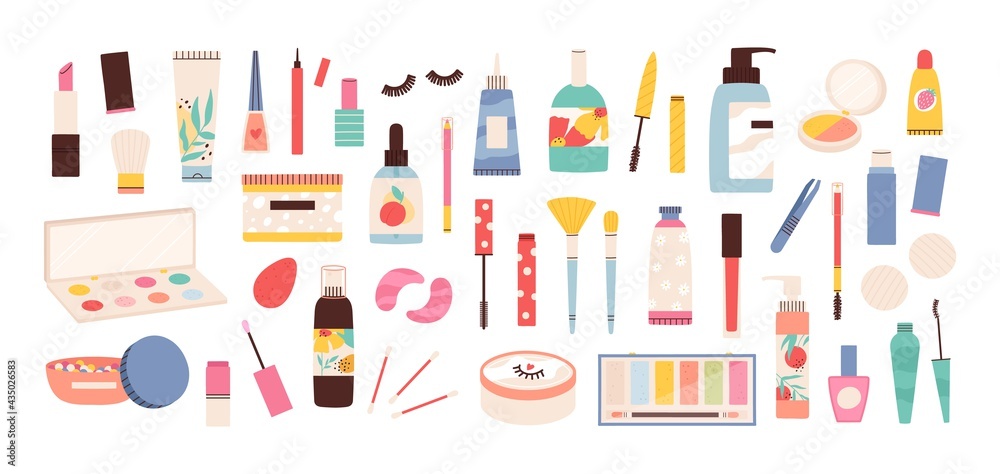 Fototapeta Makeup tools. Beauty cosmetic products in bottles, lipstick, mascara brush, eye shadows, polish and creams. Make up and skin care vector set