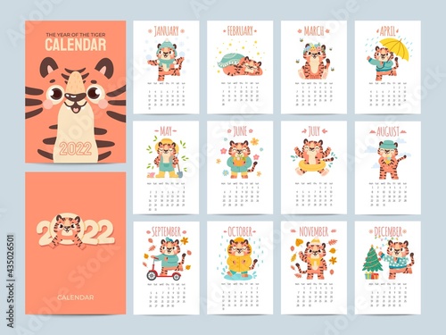 Calendar 2022 with cute tigers. Covers and 12 month pages with animal characters season activities. Chinese new year symbol vector planner
