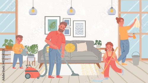 Family cleaning living room. Children helping parents with home chores, mopping floor and wash windows. Housework together vector concept