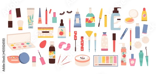 Makeup tools. Beauty cosmetic products in bottles, lipstick, mascara brush, eye shadows, polish and creams. Make up and skin care vector set