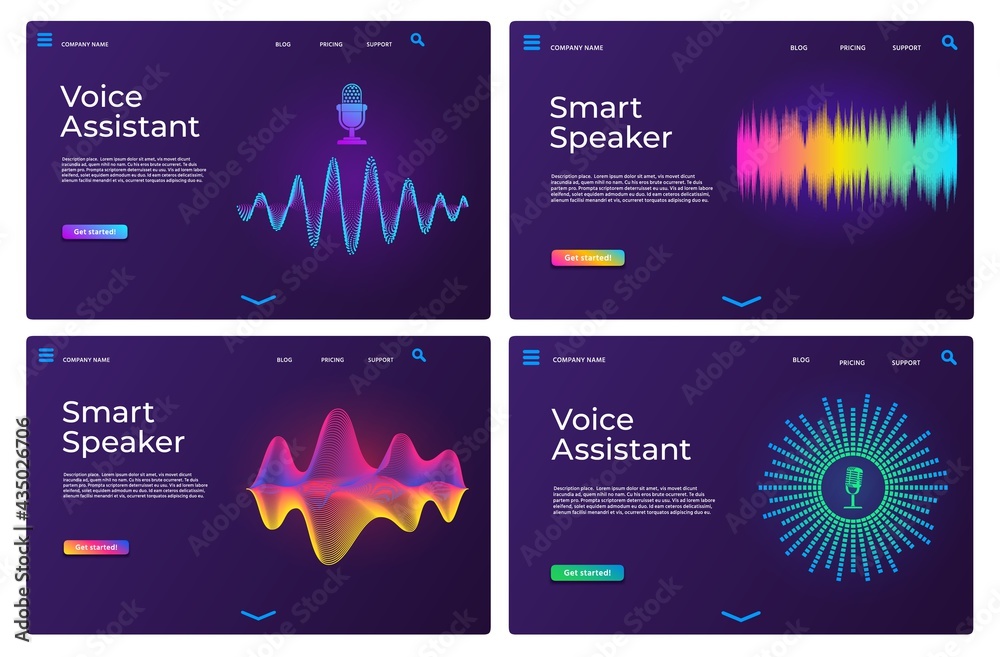 Voice assistant landing pages. Web templates for smart speaker with audio waves and microphone. Online sound recognition app page vector set