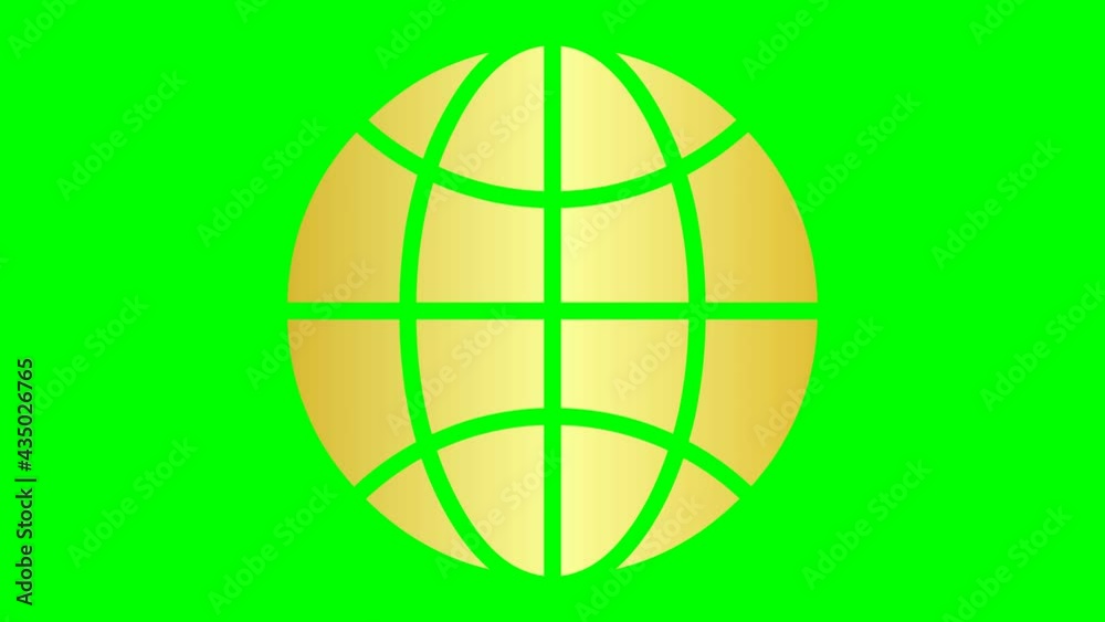 Animated gold icon of globe. Flat golden symbol of planet. Concept of net, web, internet, ecology. Vector illustration isolated on a green background. Animated gold icon of globe. Flat golden symbol of planet. Concept of net, web, internet, ecology. Vector illustration isolated on a green background.