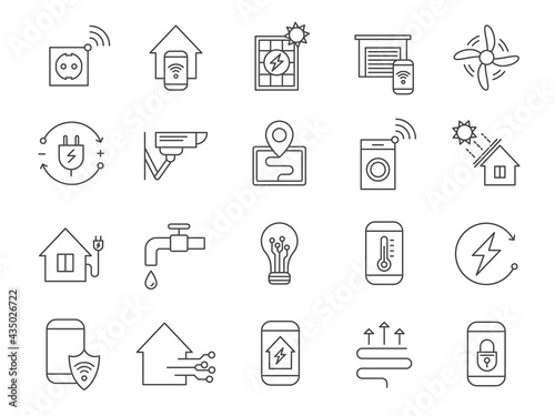 Smart house system icons. Home network, wifi automation internet technology for security, light, heat thermostat and electricity, vector set