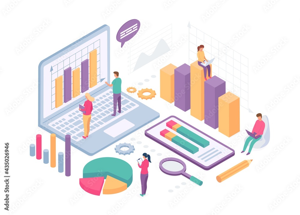 Isometric business analysis. People work with data charts, statistics graph and metrics on computer screen. Finance analytics vector concept