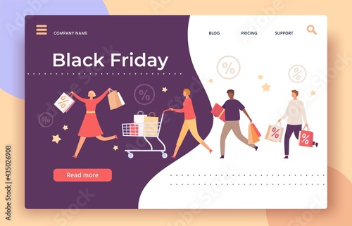 Fototapeta Naklejka Na Ścianę i Meble -  Black friday web page. Shop big sale and discount banner with running people with shopping bags, cart and gift box, landing vector template