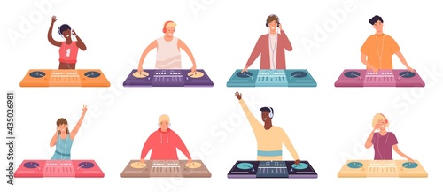 Dj characters at console. Female and male party musicians with turntable mixer. Dj make dance music for discotheque or nightclub vector set