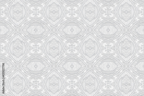 3D volumetric convex embossed geometric white background. Ethnic pattern with national oriental flavor. Elegant ornament for wallpaper, website, textile, presentation.