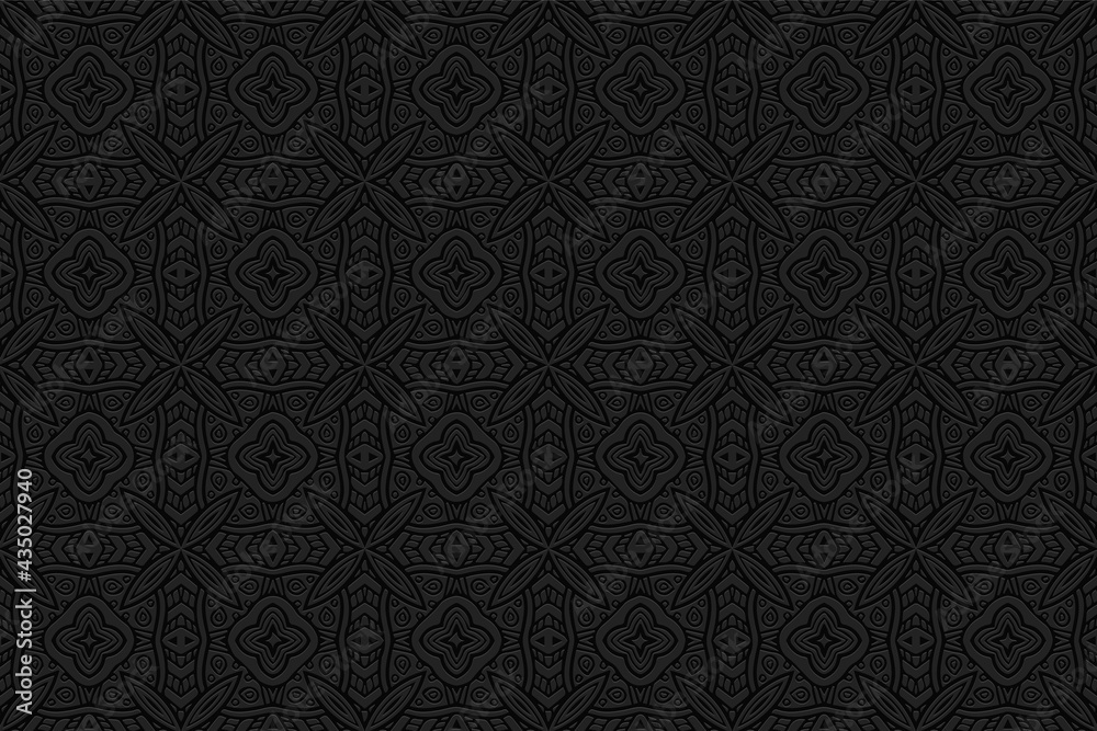 3D volumetric convex embossed geometric black background. Ethnic pattern with national oriental flavor. Unique exotic ornament for wallpaper, website, textile, presentation.